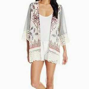 Jolt Print Boho Kimono With Cotton Lace Trim Top Shirt Size Medium